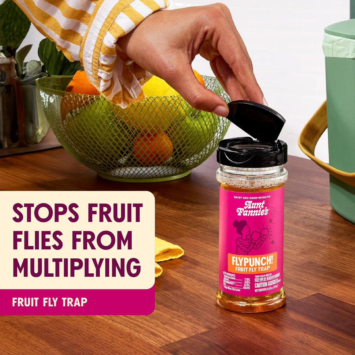 Aunt Fannie's FlyPunch Fruit Fly Trap for Indoor and Kitchen Use, Ready to Use, Made with Plant Based Ingredients, Safe Near Food, Each Bottle Lasts Up to 30 Days, Pack of 2