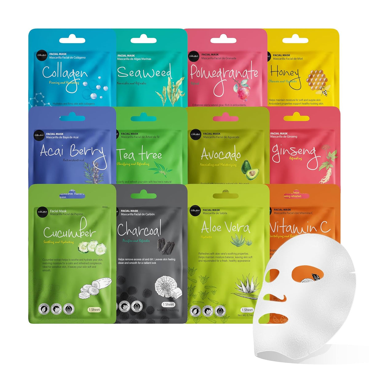 Celavi Essence Facial Sheet Face Mask Variety Set Classic Authentic Korean Moisturizing Skincare (12-Packs)
