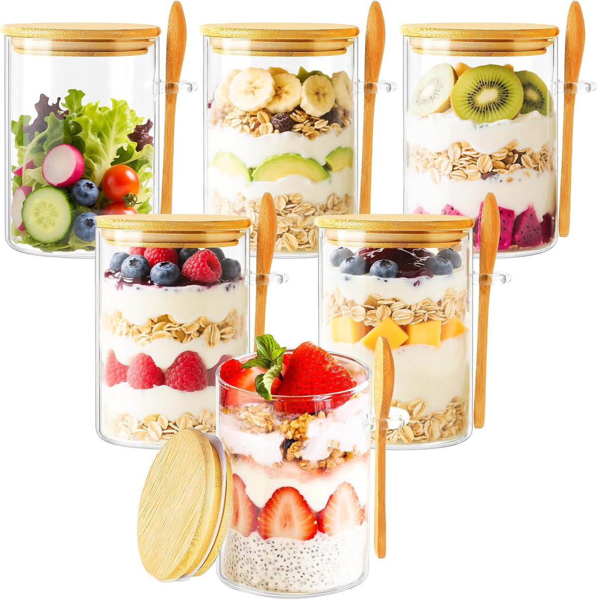 6 Pack Overnight Oats Containers with Lids and Spoons, 16oz Glass Jars with Bamboo Lids, Airtight Meal Prep Yogurt Containers for Breakfast, Parfait, Salad, Chia Pudding