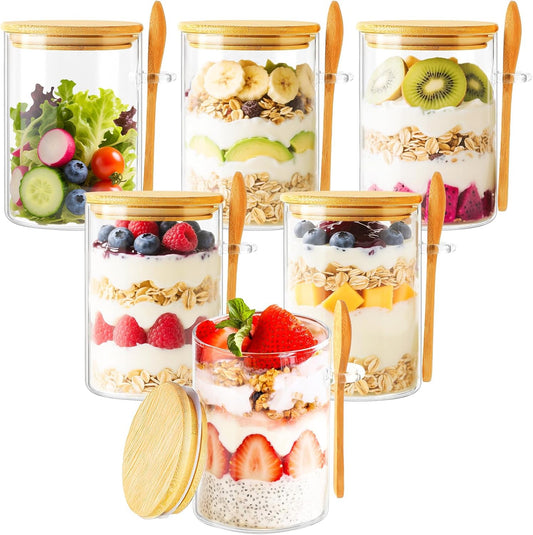 6 Pack Overnight Oats Containers with Lids and Spoons, 16oz Glass Jars with Bamboo Lids, Airtight Meal Prep Yogurt Containers for Breakfast, Parfait, Salad, Chia Pudding