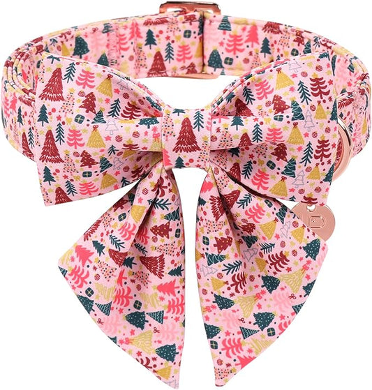 Christmas Dog Collar with Bow Tie, Pink Christmas Tree Collars for Dogs, Adjustable Pet Collar with Cute Xmas Tree Pendant, Winter Dog Accessories for Small Medium Large Dogs L