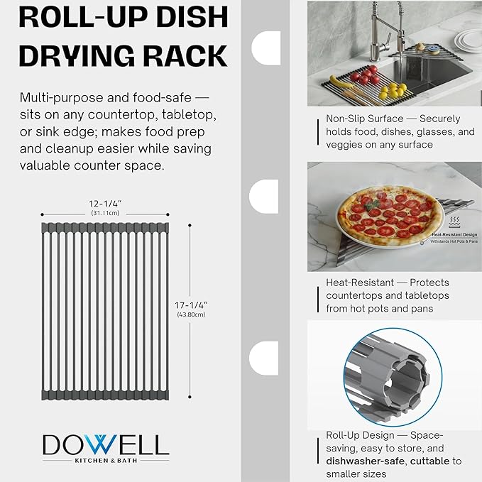 Dowell Over The Sink Roll-Up Dish Drying Rack, Foldable Tube Design, Space Saving Sink Organizer, Sturdy, Easy to Clean, Stylish Look - Triangle+Rectangular - Stainless Steel