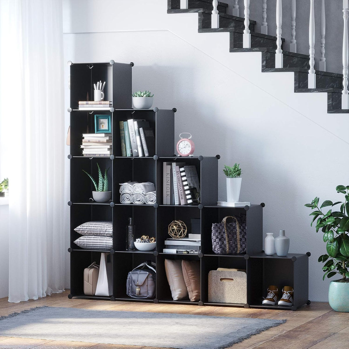 C&AHOME Cube Storage Organizer, 16-Cube Shelves Units, Plastic Storage Cubes, DIY Closet Organizer, Modular Closet Storage Shelves Ideal for Home, Bedroom, 48.4" L × 12.4" W × 48.4" H Black SUM3016H