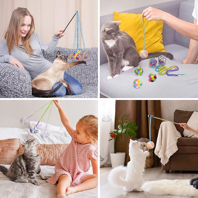 Retro Shaw 6Pcs Cat Toys Balls, Wool Yarn Cat Ball with Bell Inside, Interactive Kitten Toys for Indoor Cats Kitty Chew Kick, Colorful Soft Fuzzy Pet Toy Ball with String