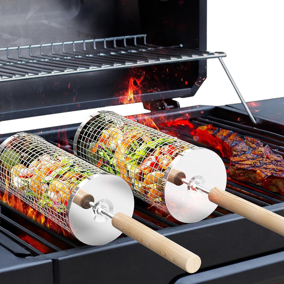 Nesting Grill Baskets (2PCS) with Removable Wooden Handle, Stainless Steel BBQ Tools