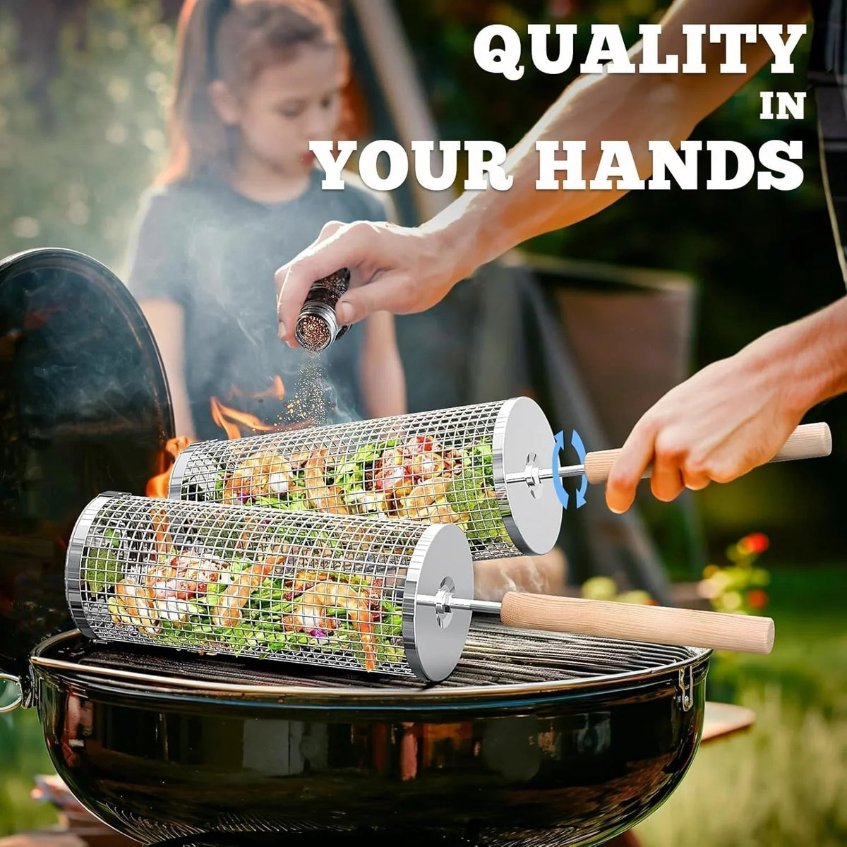 Nesting Grill Baskets (2PCS) with Removable Wooden Handle, Stainless Steel BBQ Tools