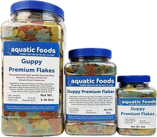 Aquatic Foods Inc. Premium Guppy and Endler Flake Food Also for Tetras, Zebras, All Nano and Micro Fish Also Pellet Mix, Wafer Mix Included…2oz