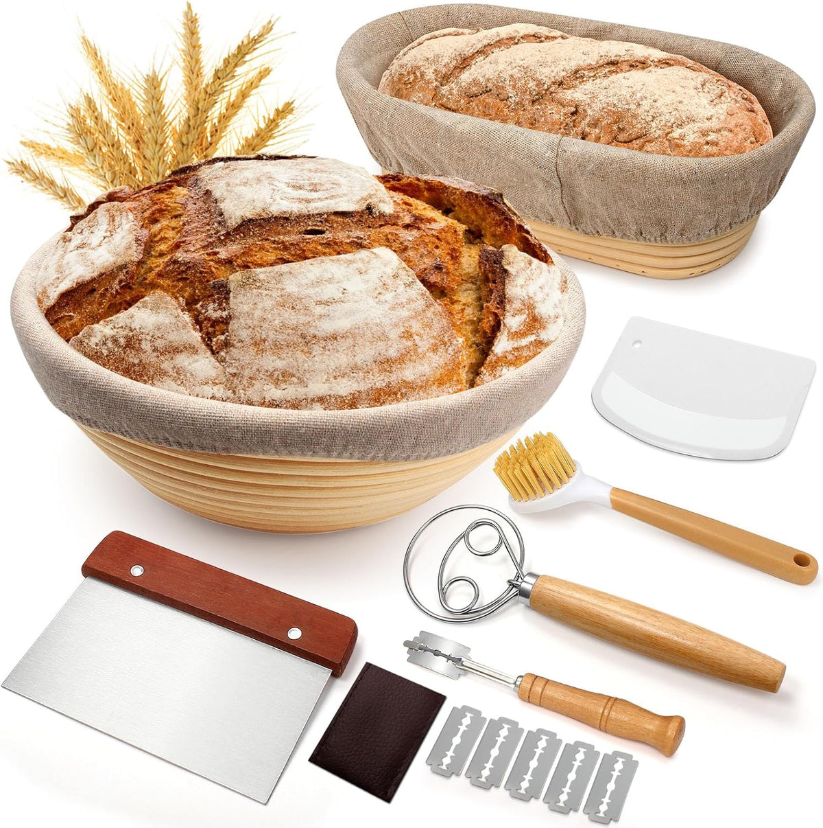 Sourdough Proofing Basket Gift Set, 9" Round and 10" Oval Banneton Bread Baking Supplies, Sourdough Baskets with Bread Lame, Danish Whish, Bowl Scraper, Sourdough Scraper, and Linen Liner