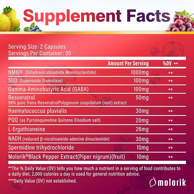 NMNH (Dihydronicotinamide Mononucleotide), 1000mg Per Serving NAD High Purity Supplement Alternative, Capsules Gluten Free, Non-GMO, for Anti-Aging, Energy, Focus - 067