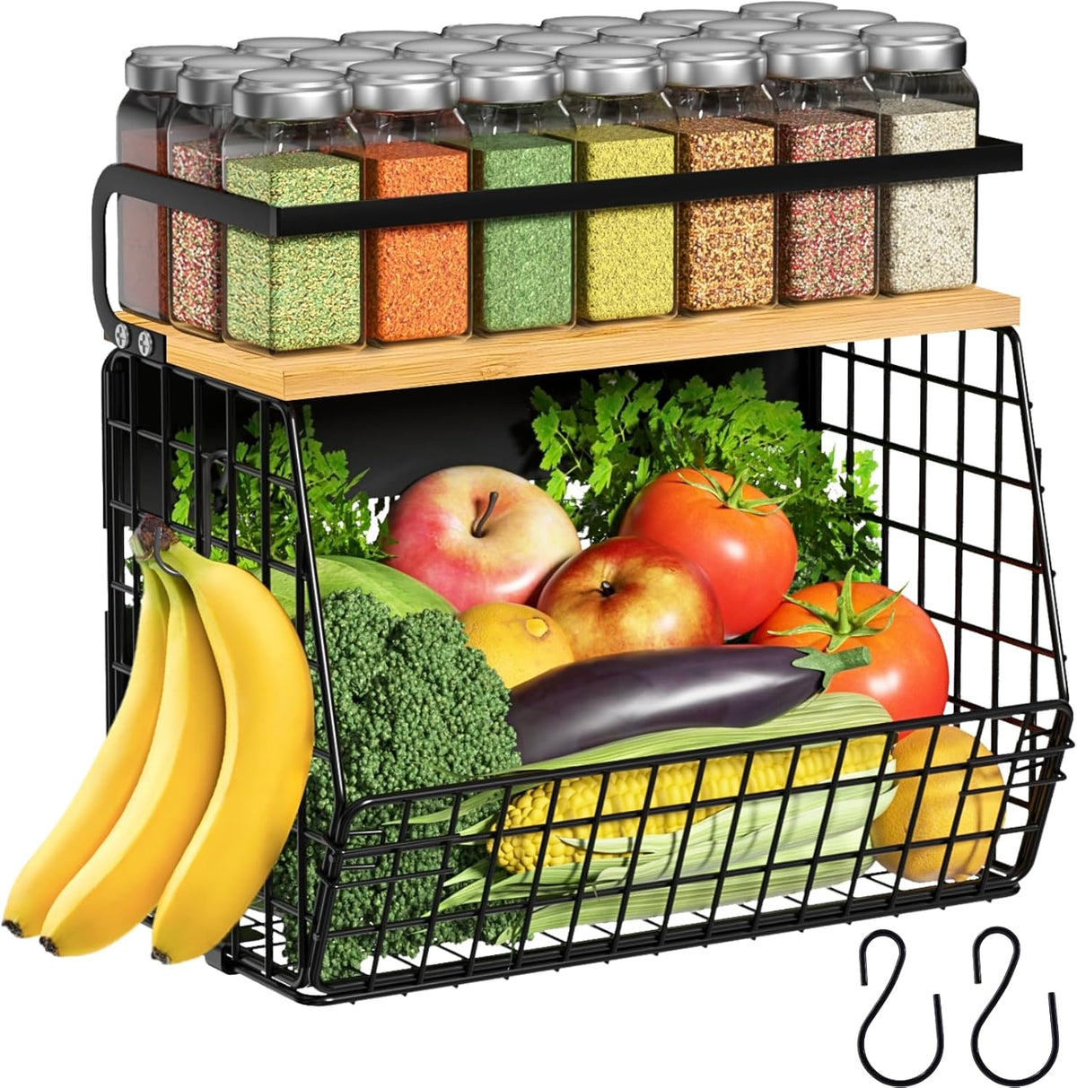 Ofiray-home Magnetic Shelf for Fridge with Wood Lid, Fruit Potato and Onion Storage Bins, Pantry Organizers & Storage, Large Container Magnetic Spice Rack for Refrigerator, Kitchen Counter, Cabinet