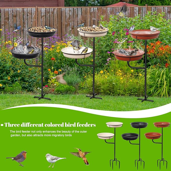 Freestanding Birdbaths Bowl Outdoor, Free Standing Garden Bird Bath Bird Feeder & Bird Bath Bowl, Detachable Decoration Spa Birdfeeder for Garden Patio Yard Lawn, 4 Spiky Metal Stake (White)