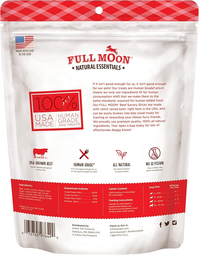 Full Moon All Natural Human Grade Dog Treats, Essential Beef Savory Sticks, 22 Ounce, 1.375 Pound (Pack of 1)