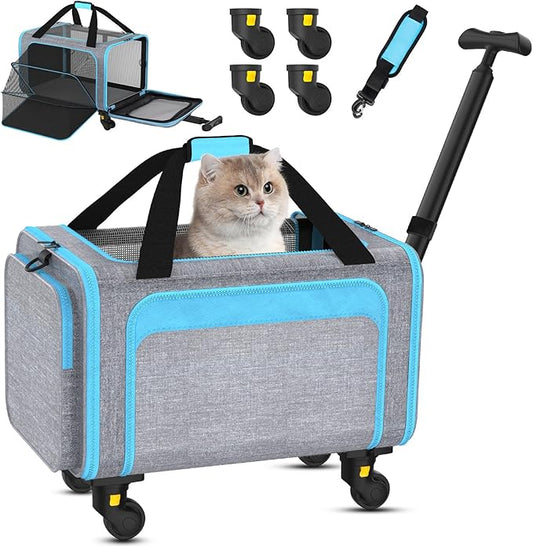 Pet Carrier with Detachable Wheels, TSA Airline Approved Rolling Cat Carrier for Small Dogs and Cats up to 15Lbs, Sturdy Frame & Smooth 360° Wheels for Travel & Vet - 18" L x 11" W x 11"
