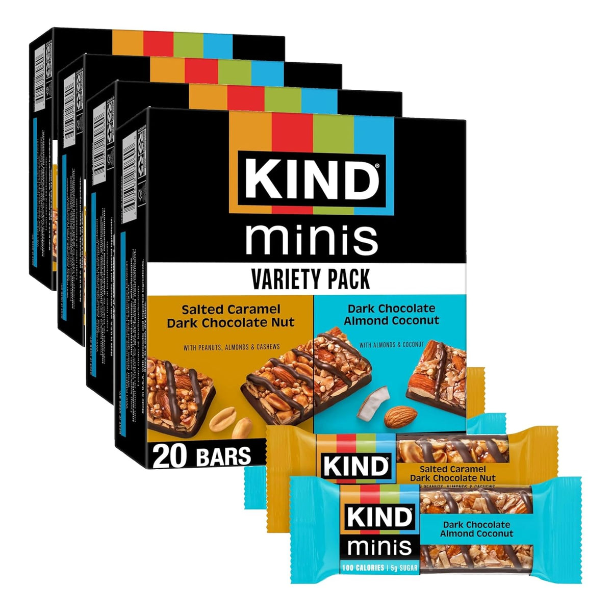 KIND Mini Snack Bars Variety Pack, Gluten Free, Low Sugar, Low Calorie Snacks, Salted Caramel Dark Chocolate Nut, Dark Chocolate Almond Coconut, 20 Count