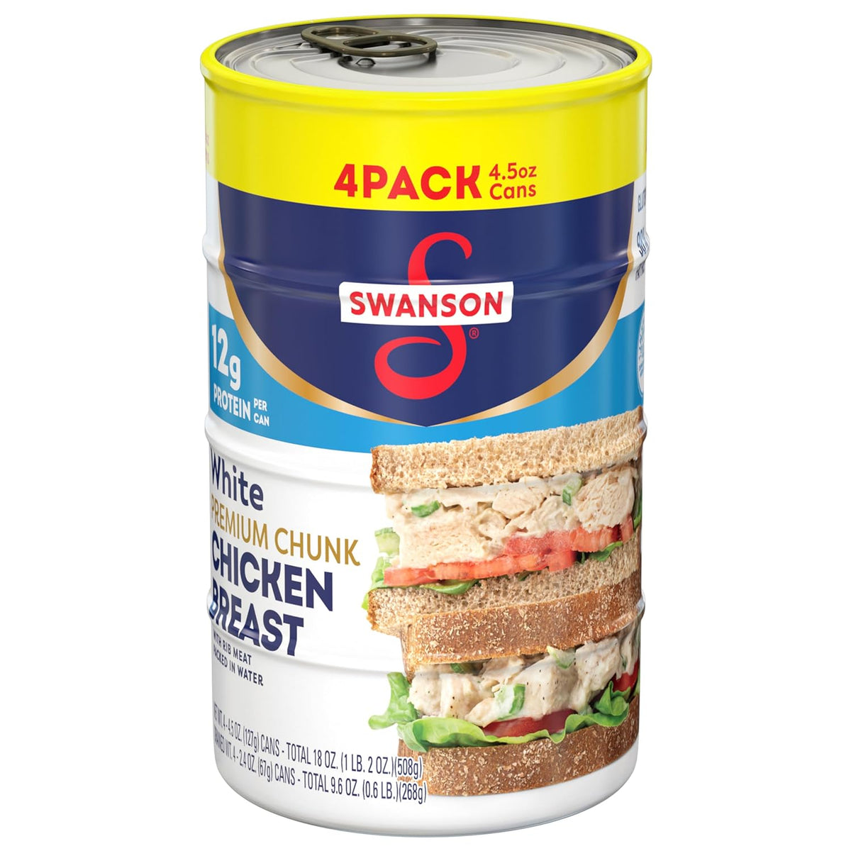 Swanson White Premium Chunk Chicken Breast with Rib Meat in Water, 4.5 oz. (Pack of 4)