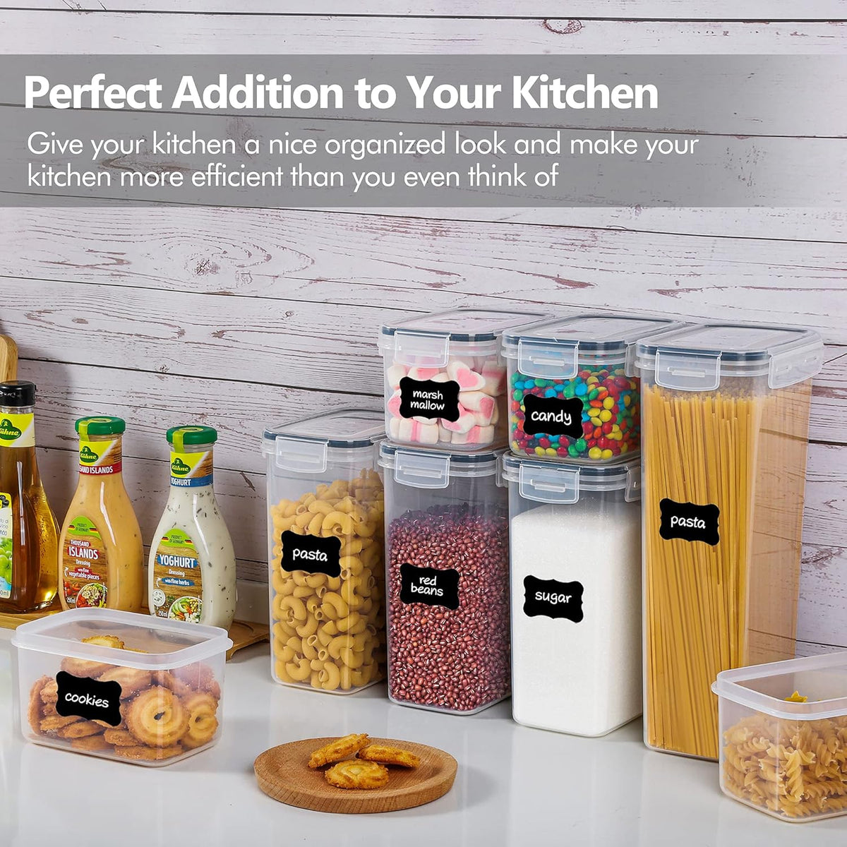 Airtight Food Storage Containers with Lids, Vtopmart 24 pcs Plastic Kitchen and Pantry Organization Canisters for Cereal, Dry Food, Flour and Sugar, BPA Free, Includes 24 Labels，Black