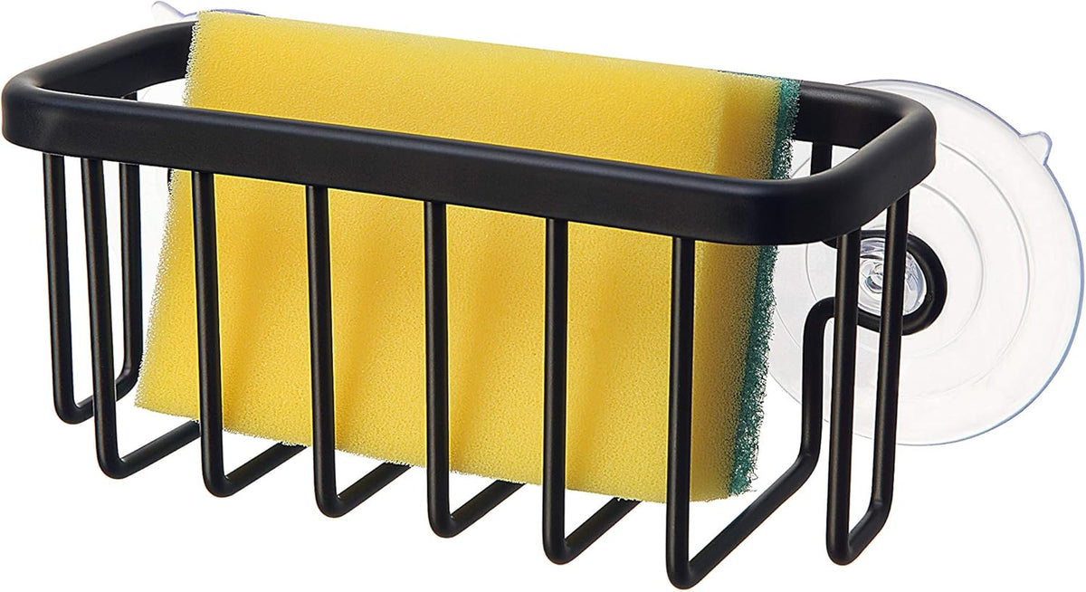 SunnyPoint NeverRust Kitchen & Bathroom Sink Caddy for Sponges, Scrubbers, Soap, 6" x 2.5" x 2.65", with Adhesive Mount - Additional Suction Cup Included –Aluminum (Black)
