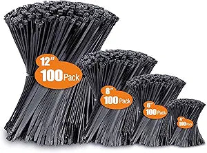 Zip Ties Assorted Sizes(4”+6”+8”+12”), 400 Pack, Black Cable Ties, UV Resistant Wire Ties by ANOSON
