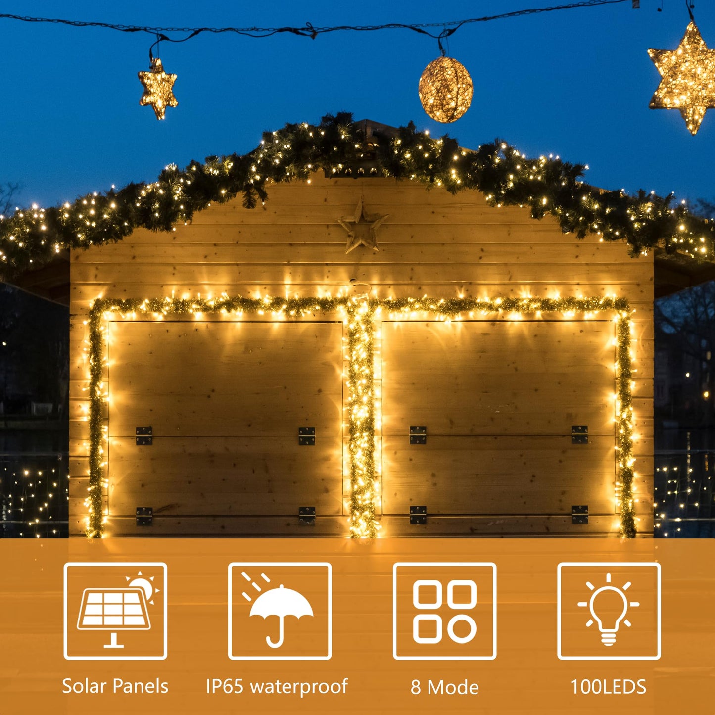 Solar String Lights for Outside, 39Ft 100 LED Solar String Lights Outdoor with 8 Modes ，Solar Christmas Lights Outdoor Waterproof for Yard, Fence,Balcony, Party,Christmas Tree Decorations (Warm White)