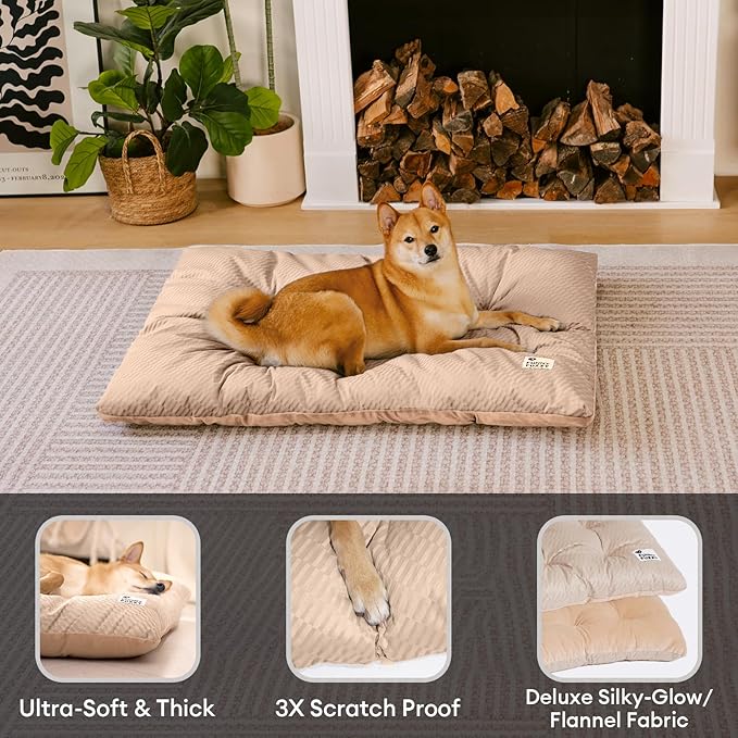FUNNY FUZZY 30x20 Washable Dog Bed Crate Mat, 2 in1 Pet Pillow Sleeping Bed, Fluffy Deluxe Kennel Mattress for Medium Dog and Cat,Charcoal Grey,M,Beige