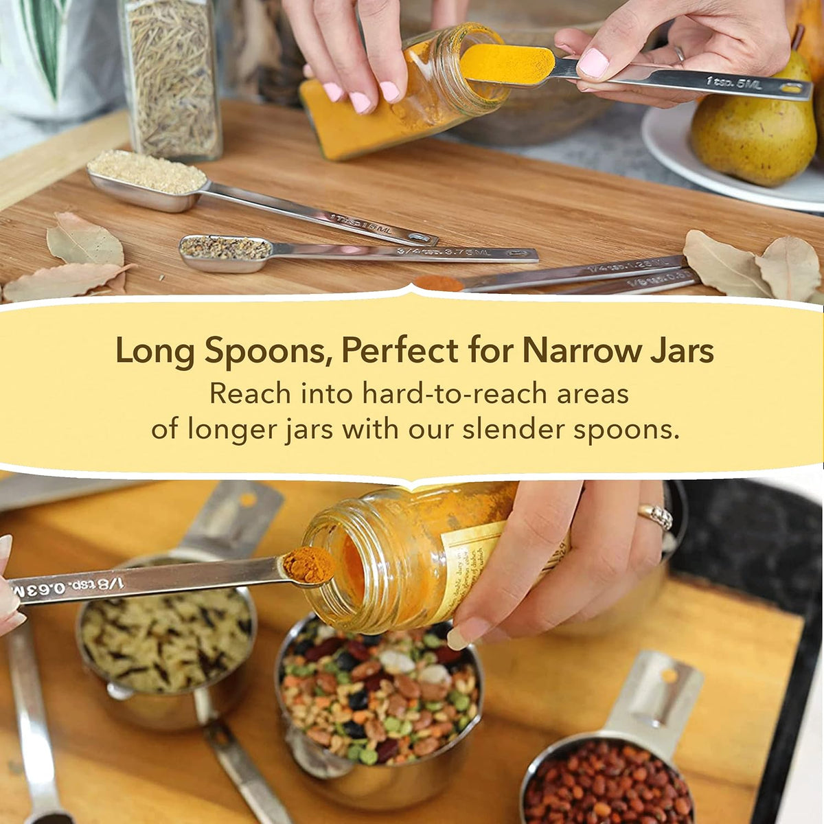 Simply Gourmet Measuring Cups and Spoons Set of 12 – 18/10 Stainless Steel Kitchen Gadgets – Stackable Design with Long Handle Spoons – Fits in Jars – Cooking & Baking Measuring Set for Dry & Liquid