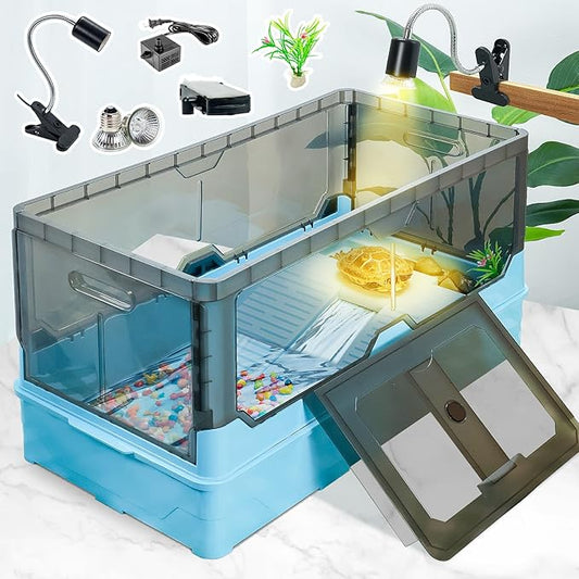 Turtle Tank kit with Filter+Water Pump+Heat lamp, Wheels, Easy to Move, Imitate The Natural Flows, Suitable for Small Turtle Horned Frog Hermit (L, Blue)