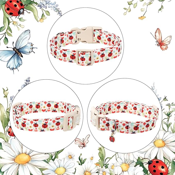 Ladybug Dog Collar for Small Dogs - Cute Spring/Summer Dog Collar, Lightweight Adjustable Cartoon Love Bug Garden Mom Dogs Collars with Quick Release Buckle XS