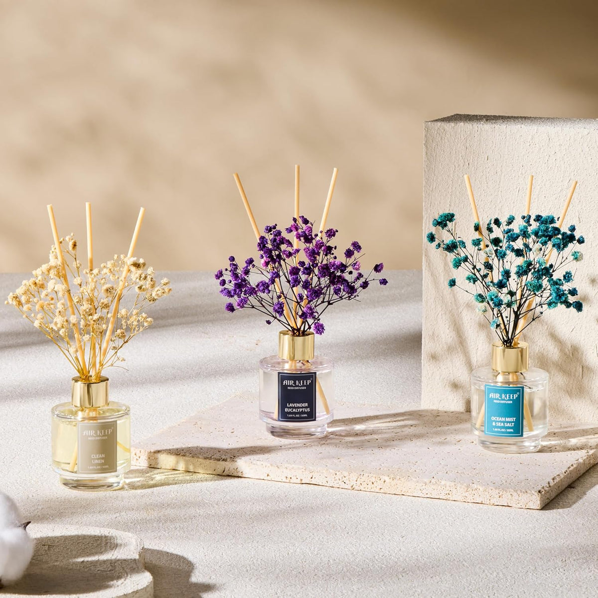 Airkeep Reed Diffuser Set of 3,Clean Linen Ocean Mist&Sea Salt Lavender Eucalyptus Oil Reed Diffusers for Bedroom Living Room Office Aromatherapy Oil Reed Diffuser for Gift 50ml x 3