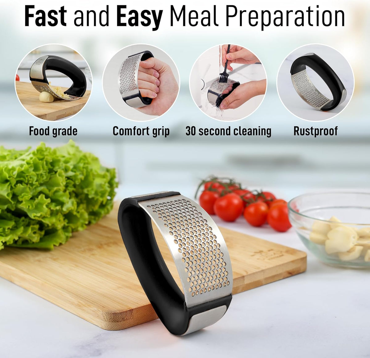 Zulay Kitchen Stainless Steel Garlic Press Rocker Set - Premium Garlic Mincer Garlic Crusher - New Innovative Garlic Crusher with Peeler and Scraper - Comfortable Grip (Black)