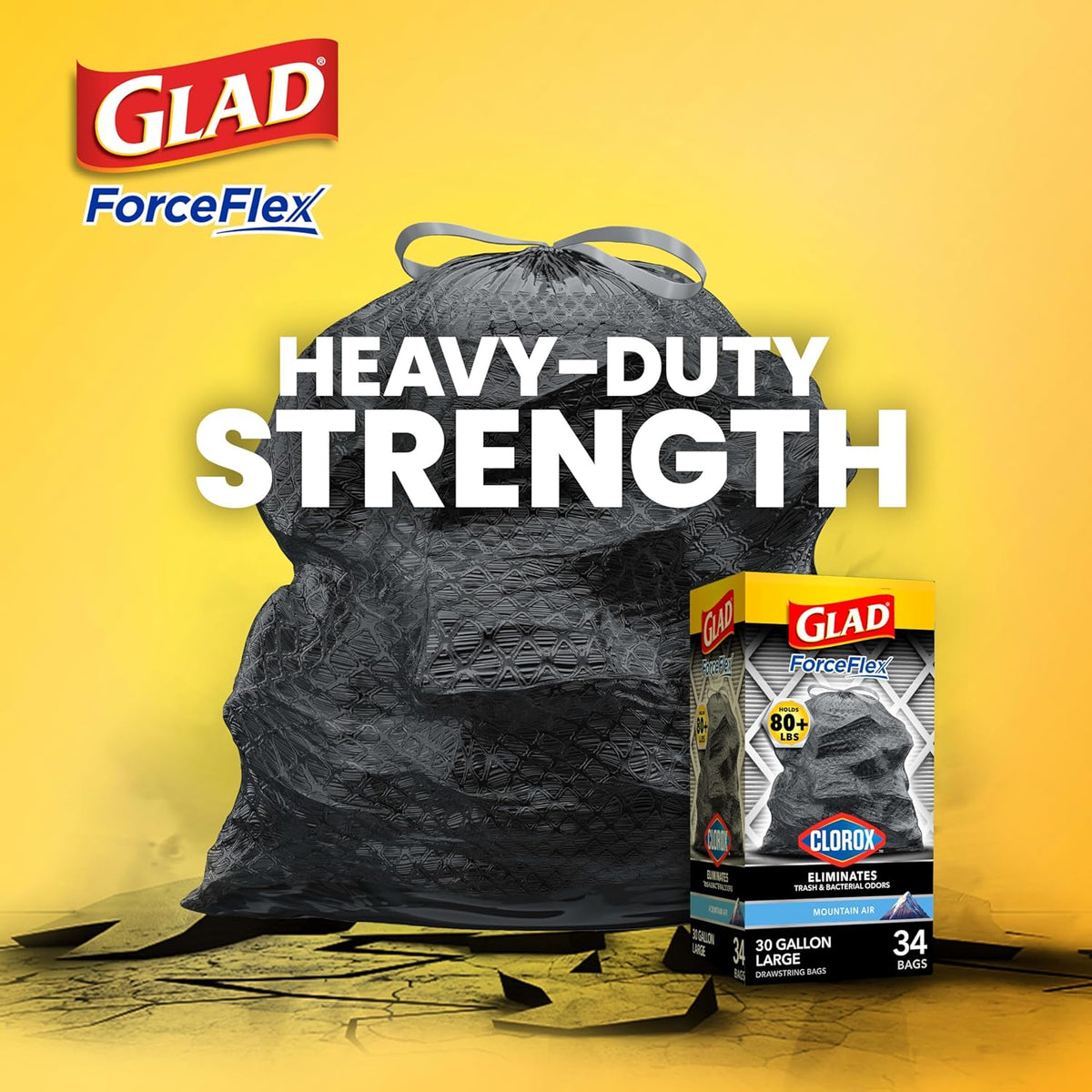 Glad Large 30 Gallon Trash Bags, Clorox Mountain Air Heavy Duty Garbage Bags, Forceflex with Drawstring, 50 Count (Packaging May Vary)