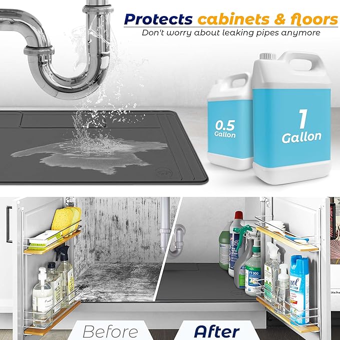The Original Under Sink Mat - Adjustable Silicone mat, Waterproof Under The Sink Bathroom Vanity Mat - 28" x 19" or smaller