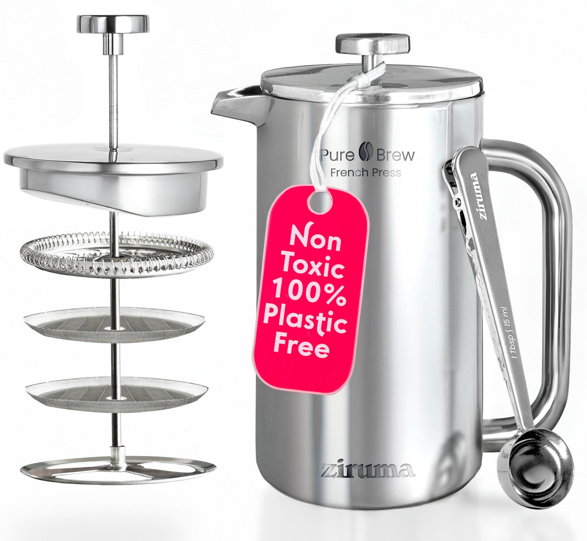 Ziruma Non-Toxic French Press, Surgical Stainless Steel Coffee Press, Plastic-Free, Heavy Metal-Free, No Endocrine Disruptors, 34 Oz, Double Wall, 4-Layer Filter, Portable Coffee Maker