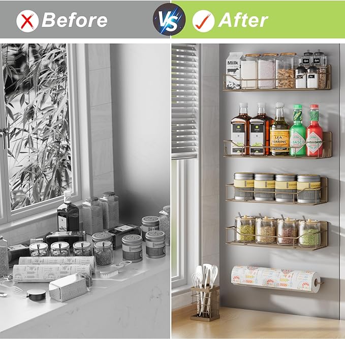 Magnetic Spice Rack for Refrigerator, 6 Pack Strong Magnet Spice Organizer with Paper Towel Holder, Utensil Holder, Moveable Magnetic Fridge Shelf for Kitchen Organization and Storage (Brown)