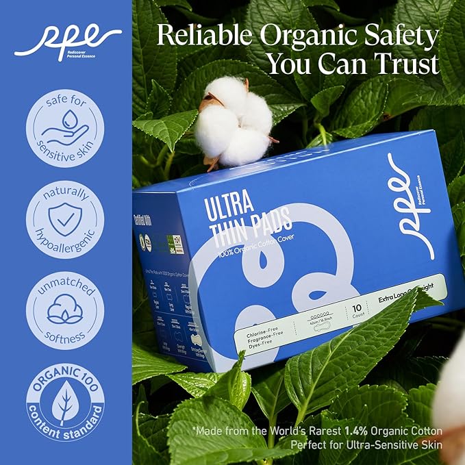 100% Organic Super Long Overnight Pads with Wings, Extra Heavy Sanitary Pad for Women Ultimate Absorbency, Ultra Thin Coverage Cotton Period Menstrual Pads (Extra Long Overnight, Size 6, 10ct)