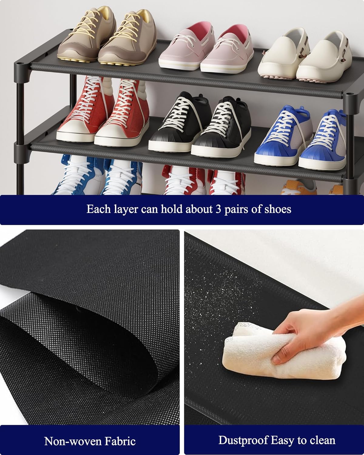 Kitsure Shoe Rack - Non-Woven Shoe Rack Shelf, Shoe Organizer for Closet, Entryway, Garage & Corridor, Stackable Shoe Shelves, 27.5" Wide - 3 Tier, Black