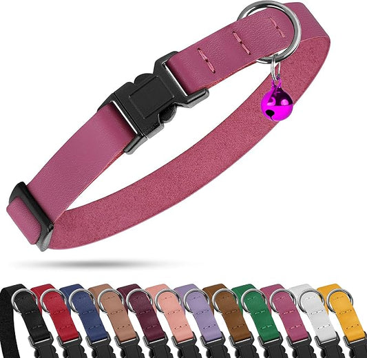Breakaway Cat Collar with Bell - Leather Adjustable Kitten Collars with Safety Quick Release Buckle - Soft Small Pet Collars for Girl & Boy Cats (Pink)