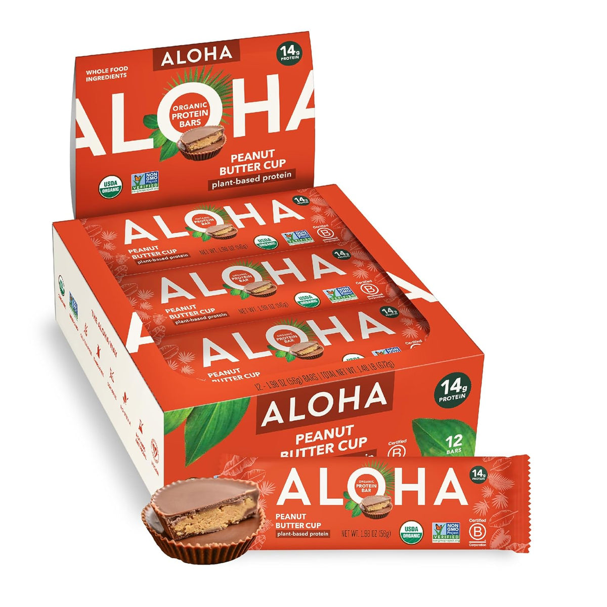 ALOHA Organic Plant Based Protein Bars |Peanut Butter Chocolate Chip | 1.98 Oz (Pack of 12) | Vegan, Low Sugar, Gluten Free, Paleo, Low Carb, Non-GMO, Stevia Free, Soy Free, No Sugar Alcohols