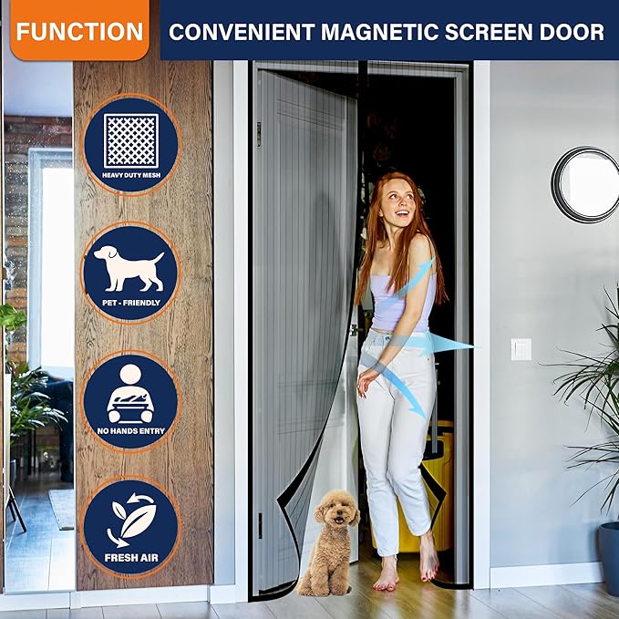Magnetic Screen Door,Screen Door Mesh,Keep Bugs Out, Easy Install Works with Front Doors, Sliding Doors,Fit Door Size 36 x 82 Inches