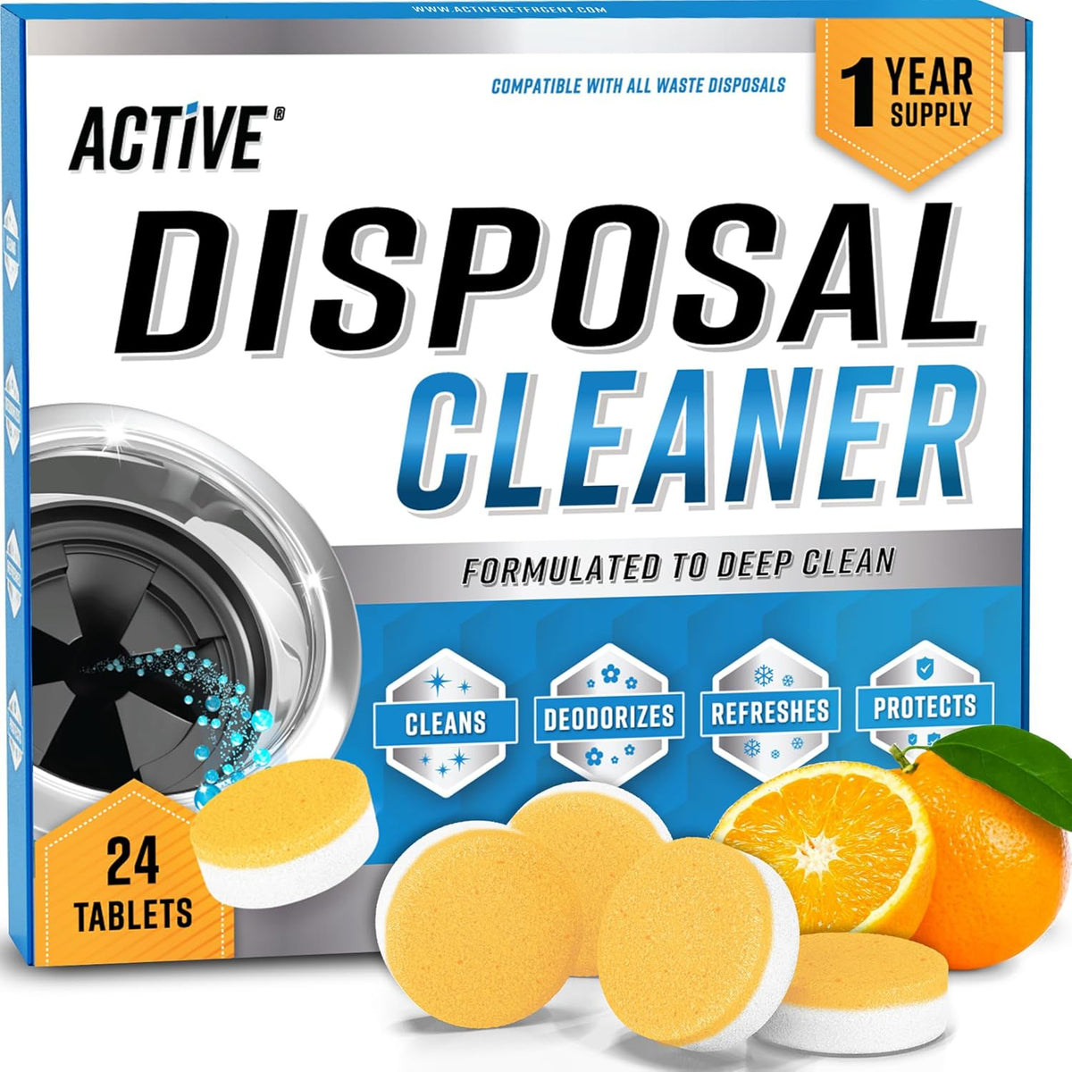 Garbage Disposal Cleaner Deodorizer Tablets - 24 Pack, New Powerful XL Foaming Tablet - Fresh Citrus Foam Sink Garburator Disposer Freshener, Natural Kitchen Drain Cleaning Care - 1 Year Supply