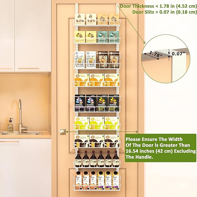 Churboro Over the Door Pantry Organizer Rack with 9 Adjustable Baskets, 9 Tiers Dual-use Hanging or Wall Mount Spice Rack Organizer, White