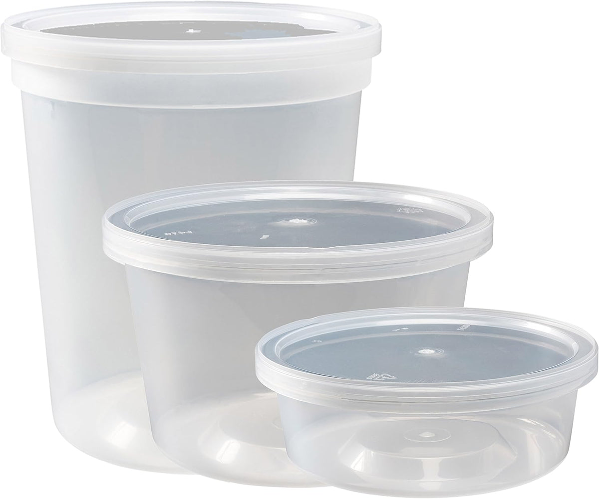 DuraHome Food Storage Containers with Lids 8oz, 16oz, 32oz Freezer Deli Cups Combo Pack, 70 Sets BPA-Free Leakproof Round Clear Takeout Container Meal Prep Microwavable (70 Sets - Mixed sizes)