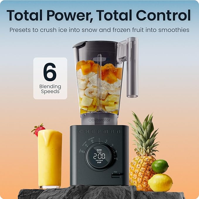 Chefman Obliterator 48 oz Countertop Blender for Smoothies, 1380W Motor to Crush Ice, Nuts, and Frozen Fruit with Stainless Steel Blade, Auto Blend Function, Includes Tamper and Scraper