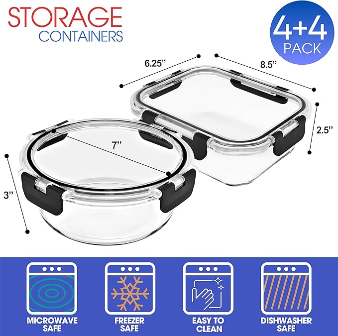 Sorbus Glass Meal Prep Containers, Dishwasher and Oven Safe Reusable Meal Prep Containers, Freezer Safe Glass Food Storage Containers with Airtight Lids