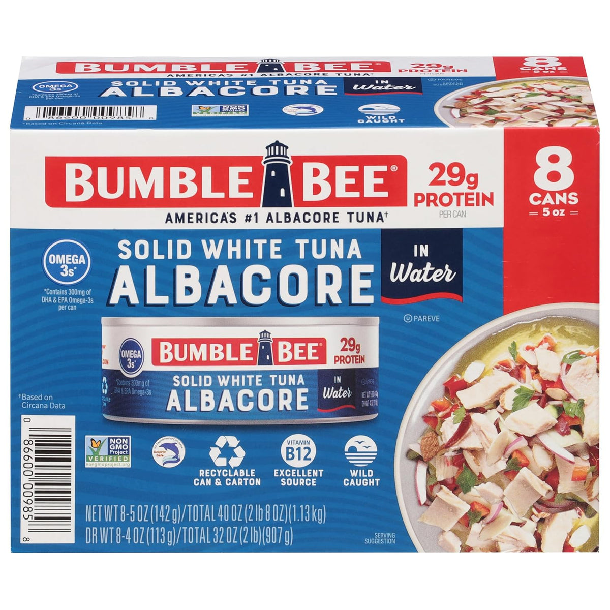 Bumble Bee Solid White Albacore Tuna in Water, 5 oz Can (Pack of 8) - Wild Caught Tuna - 29g Protein per Serving, High in Omega-3s - Non-GMO Project Verified, Gluten Free, Kosher
