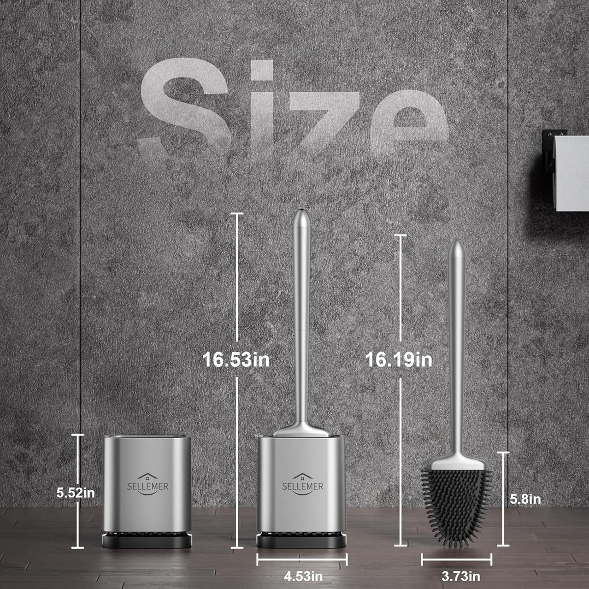 Sellemer Toilet Brush and Holder Set - Flexible Toilet Bowl Brush Head with Silicone Bristles, Compact Size for Storage and Organization, Ventilation Slots Base (1 Pack, Silver)