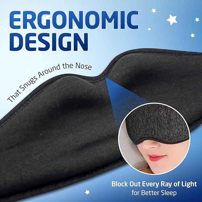 3D Sleep Mask – Enhanced Light Blocking Design with Pressure-Free Fit, Perfect for Travel, Nap & Night Shifts (Black(Hook-and-Loop Tape))
