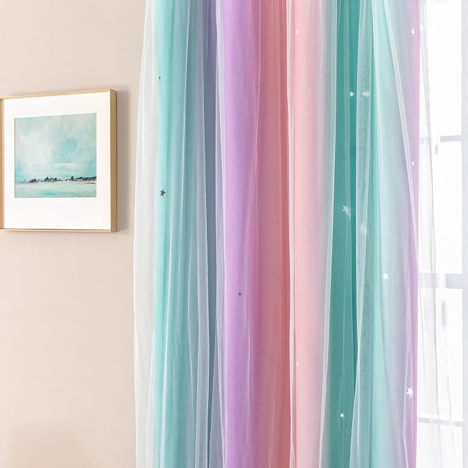 XiDi Curtains for Bedroom Decor, Rainbow PinkPuGreen-34-96