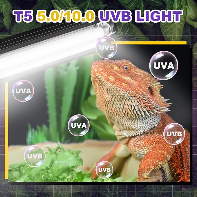 T5 HO UVB Lighting Combo Kit, 24W Reptile Light Fixture with Fluorescent Light Bulbs, Desert 10.0 UVB Light for Reptiles and Amphibians, Basking Light for Bearded Dragon, High Output Natural Light
