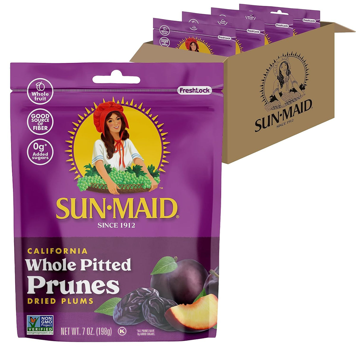 Sun-Maid California Sun-Dried Whole Pitted Prunes - (4 Pack) 7 oz Resealable Bag - Dried Plums - Dried Fruit Snack for Lunches, Snacks, and Natural Sweeteners