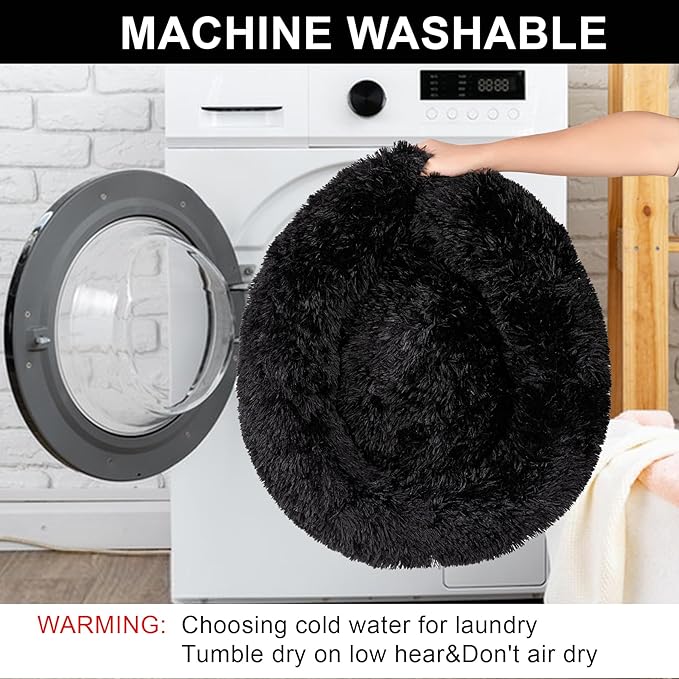 Dog Calming Beds for Small Medium Large Dogs - Round Donut Washable Puppy Dog Bed, Anti-Slip Faux Fur Fluffy Donut Cuddle Anxiety Cat Pet Bed(20" Black